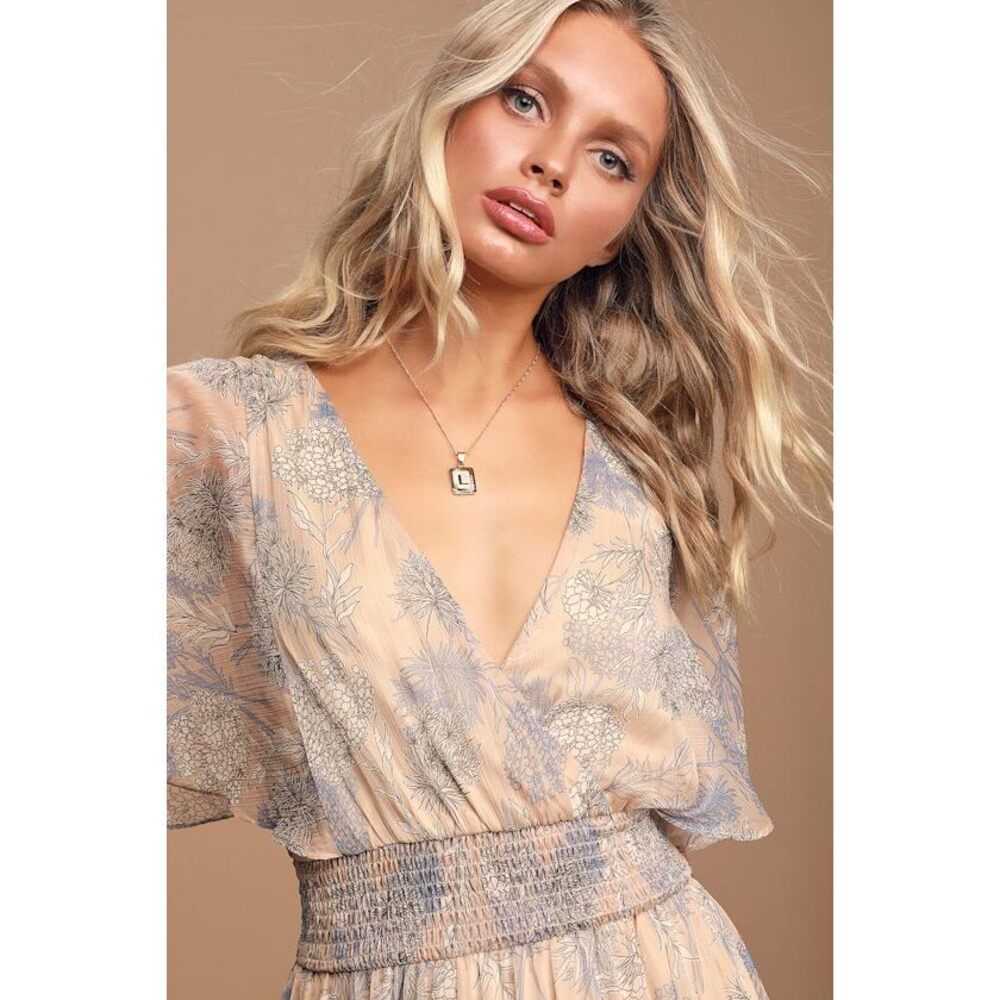 Lulus Subtle Romance Beige Floral Print Ruffled Midi Dress - Size S